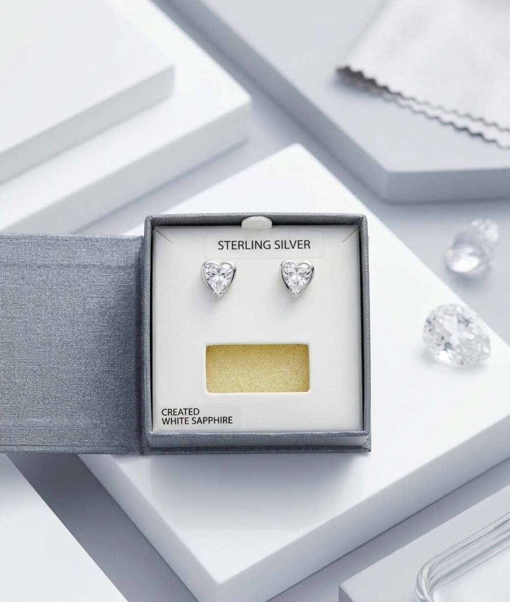 Sterling Silver Created White Sapphire Heart Stud Earrings